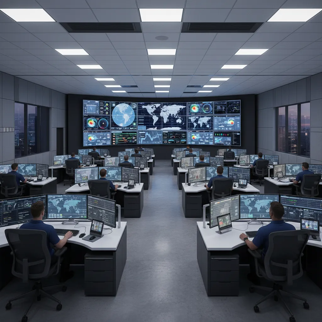 Emergency operations center workstation alignment showing proper viewing angles to a large display wall