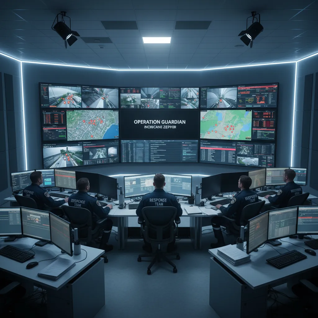 emergency operations center team monitoring large situation display wall