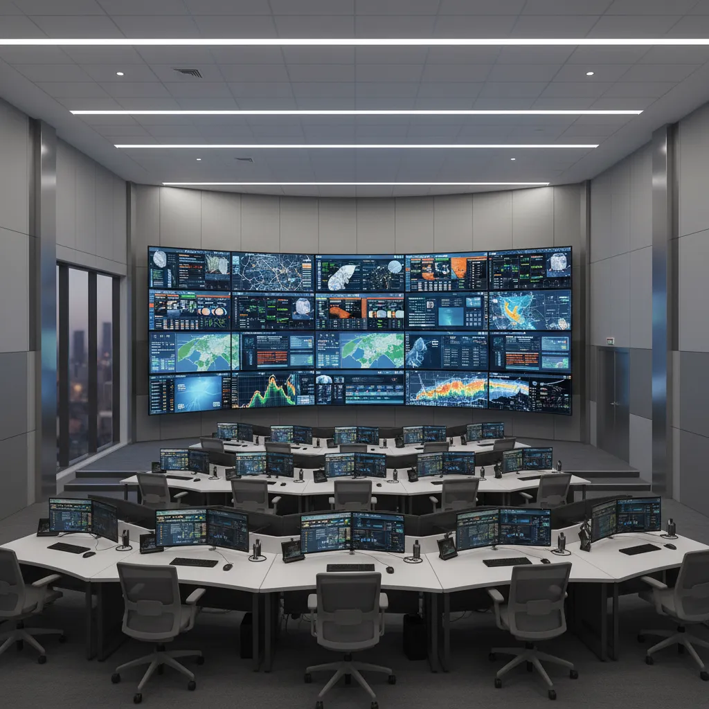 Emergency operations center with clear sightlines to a large situation display wall