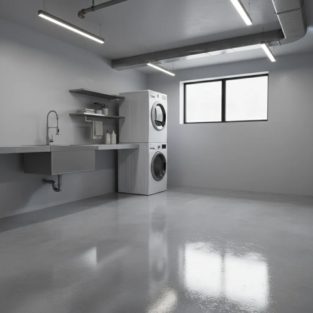 epoxy coated concrete floor in basement laundry room