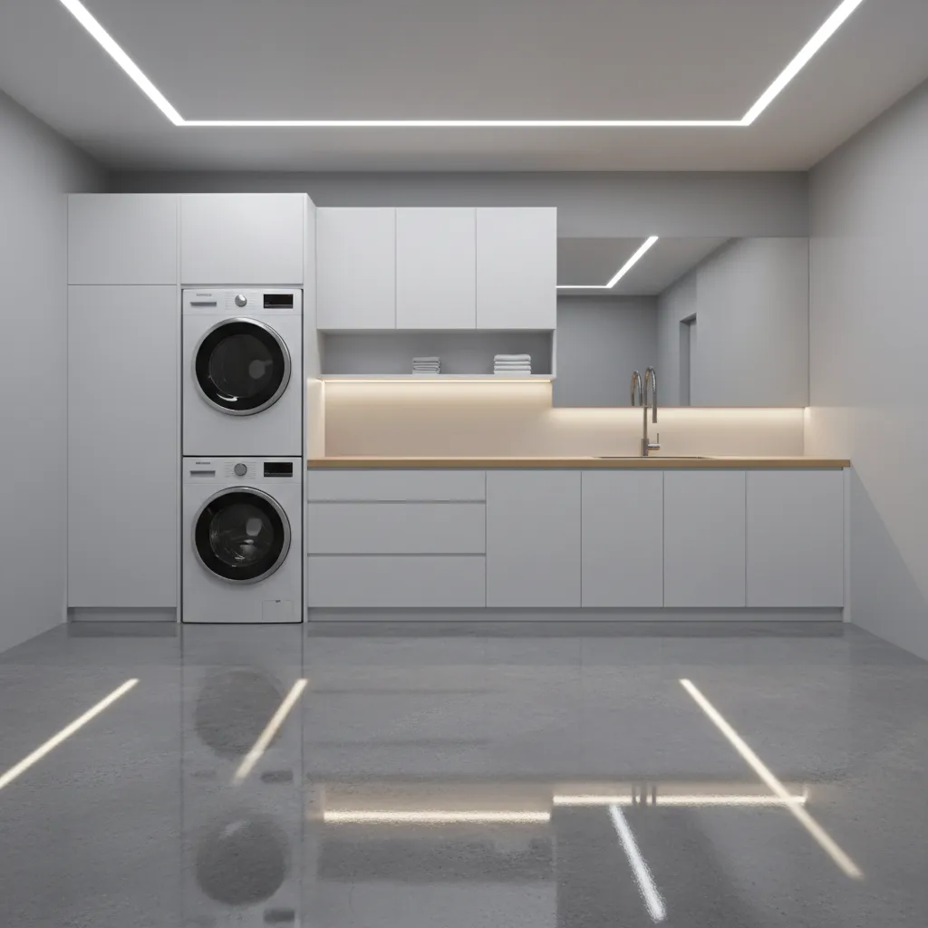 Glossy epoxy coated concrete floor in laundry room