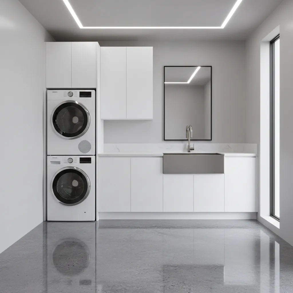 Glossy epoxy coated laundry room floor with washer and dryer