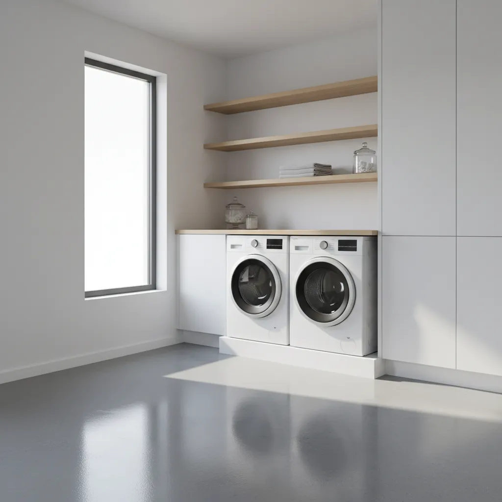 Laundry room with gray epoxy coated concrete floor and modern appliances