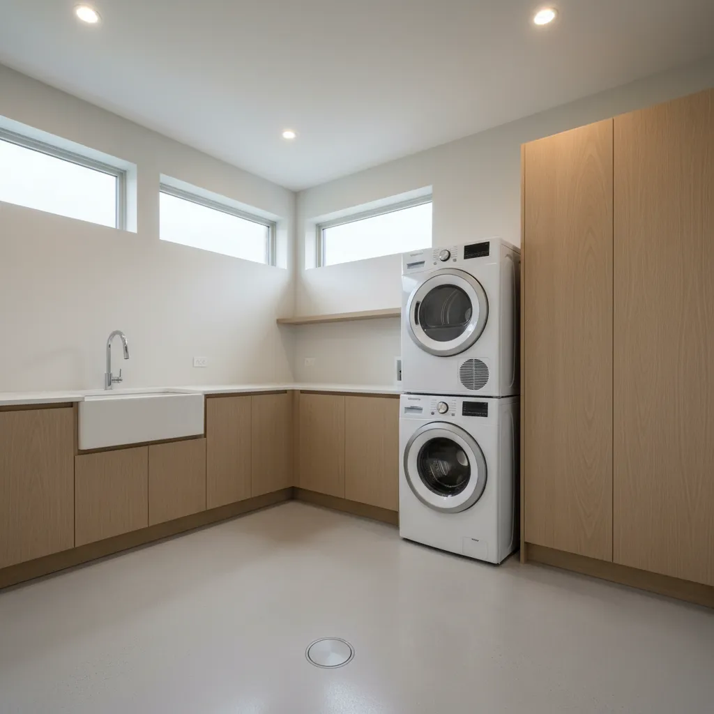 utility room with seamless epoxy coated concrete floor