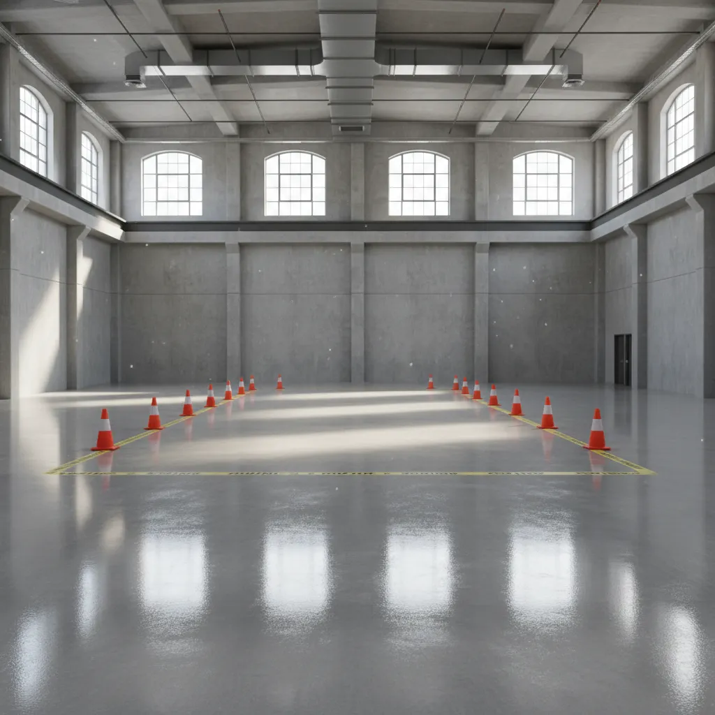 fresh epoxy floor coating curing in commercial warehouse interior