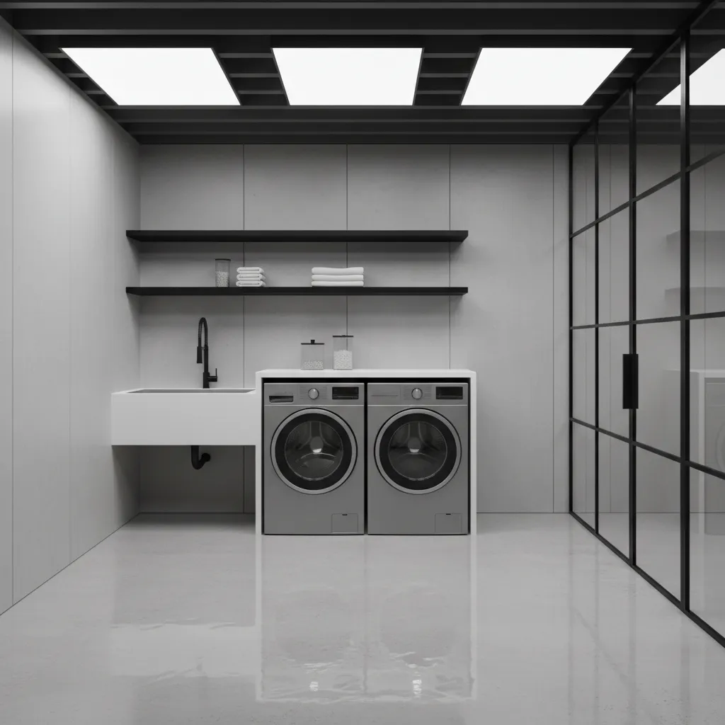 Glossy epoxy floor coating in a utility room resisting water