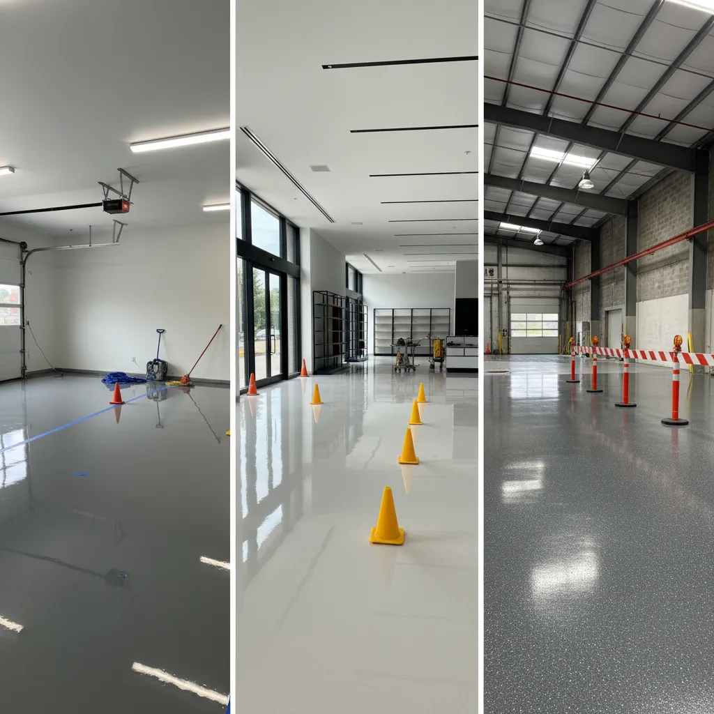 Three different shiny floors inside a garage modern store and a big warehouse with cones