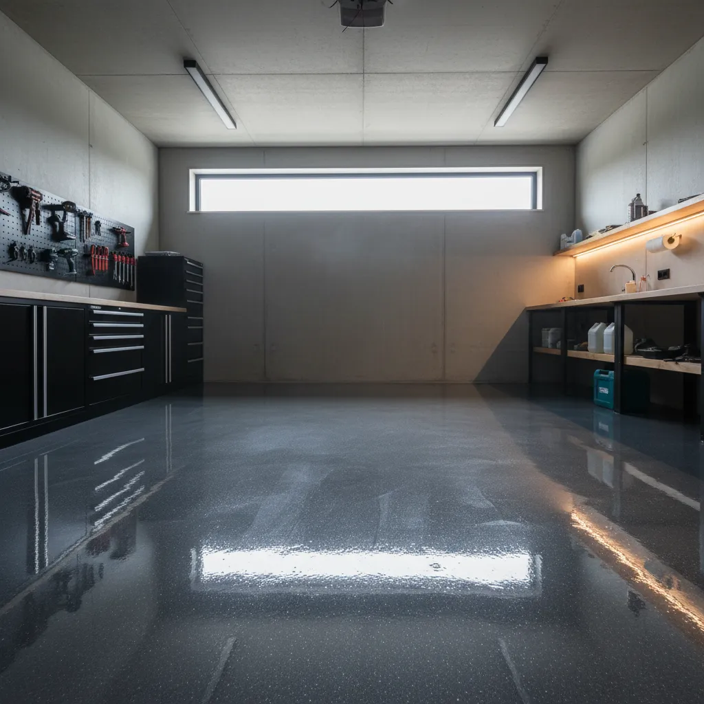 Modern garage workshop featuring shiny grey epoxy floor, black storage cabinets, wall tools, and window