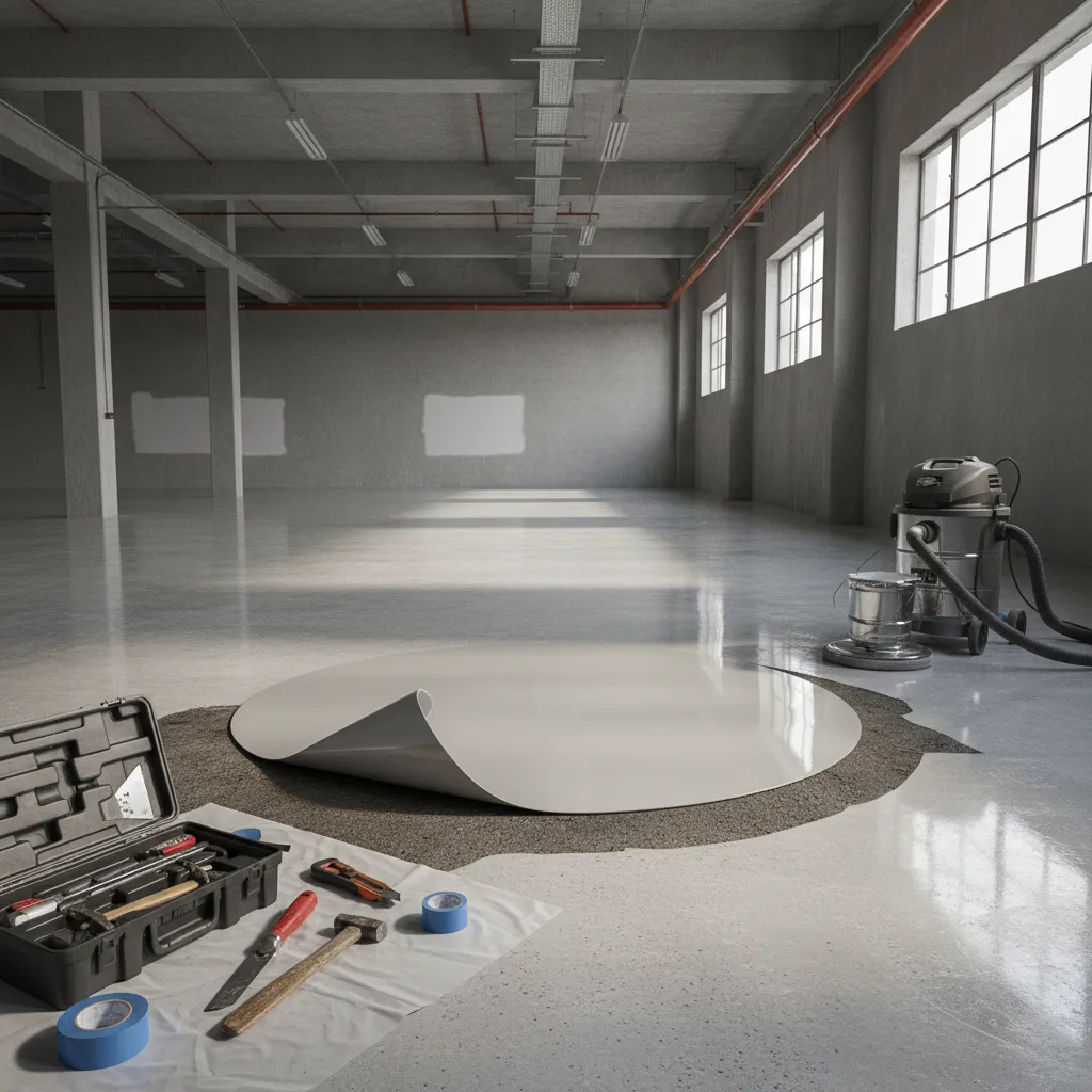 Peeling 3D epoxy flooring layer lifting from concrete