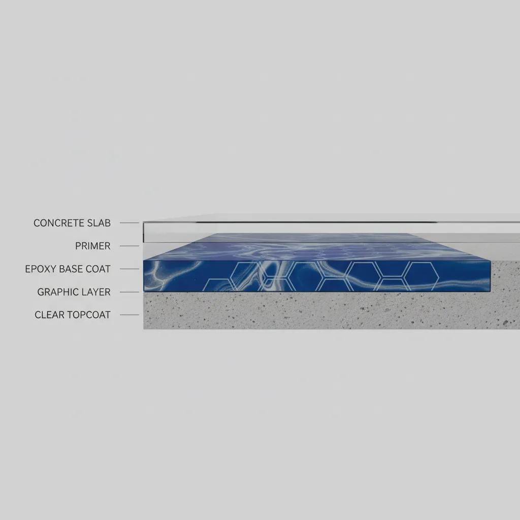 Interior design drawing showing layers including concrete slab primer blue pattern and clear topcoat finish