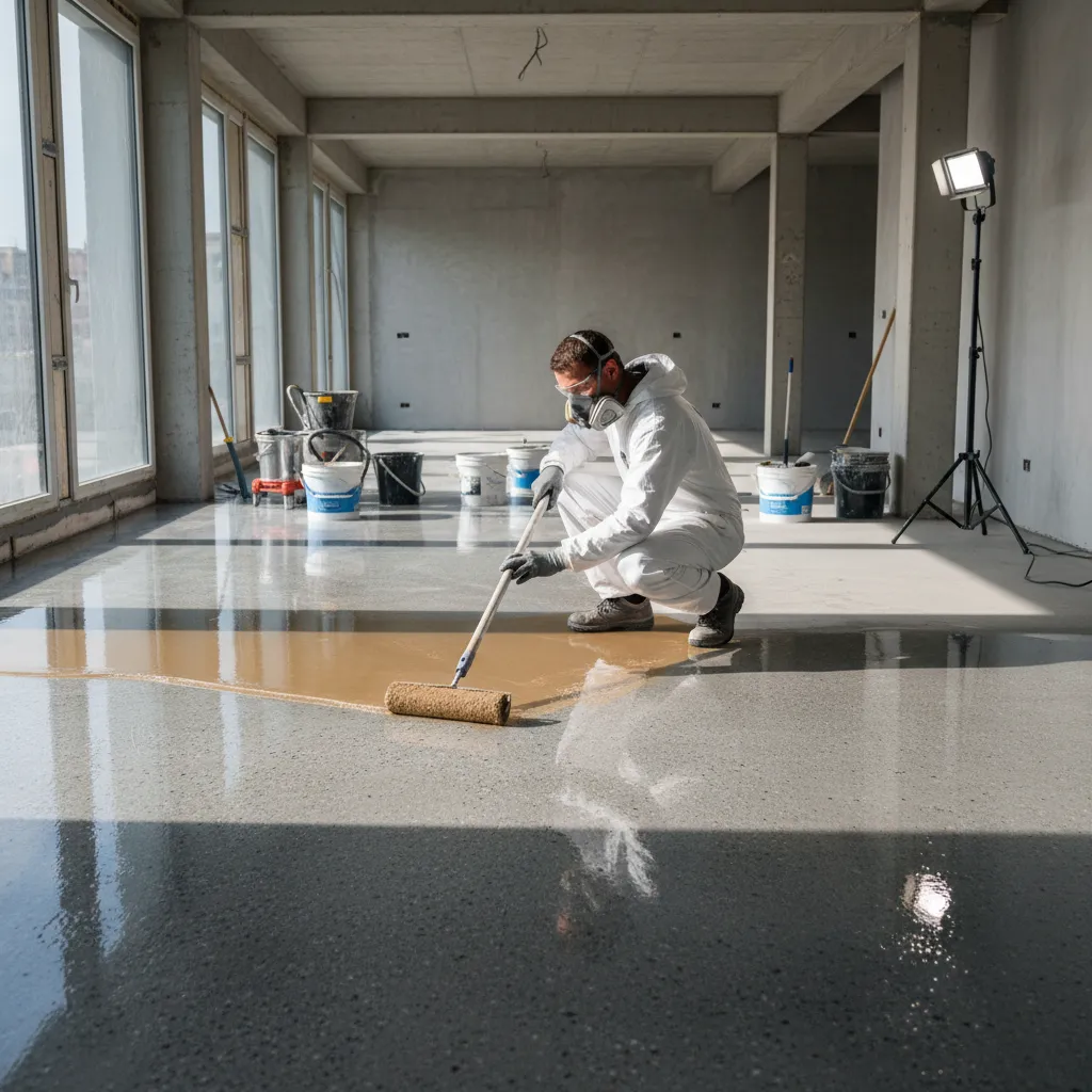 Worker applying epoxy coating with roller during floor installation