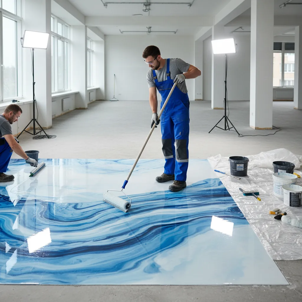Workers in blue overalls applying blue and white patterned flooring using paint rollers in room