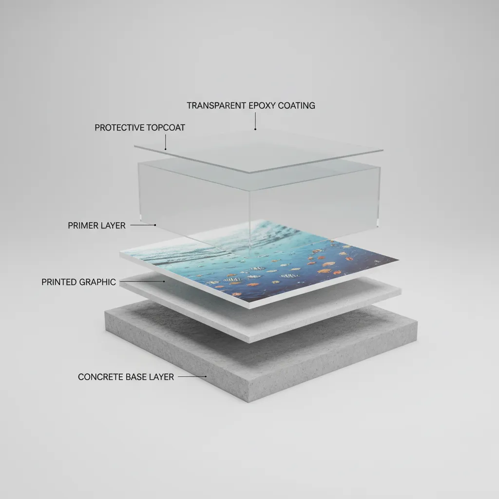 Illustration showing layers of 3D epoxy flooring installation