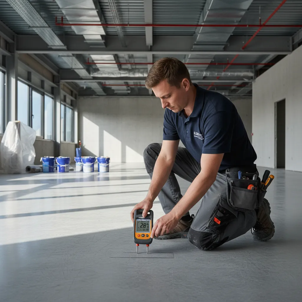 Professional worker kneeling on floor using digital tool to check moisture level in empty room