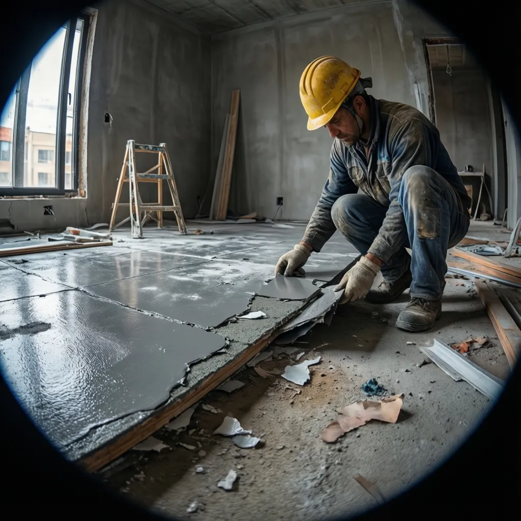 Epoxy flooring peeling from concrete surface during inspection
