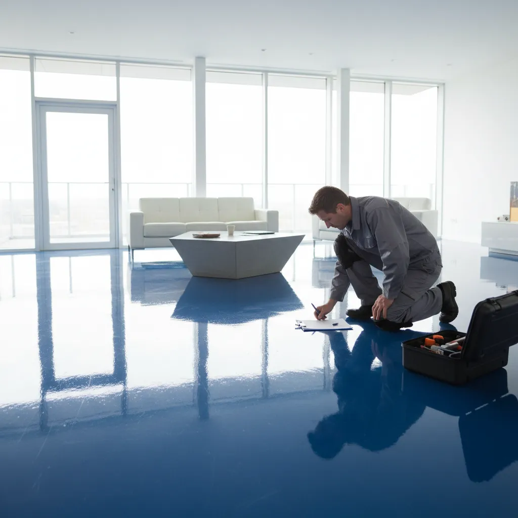 Inspector examining glossy epoxy floor surface for quality and defects