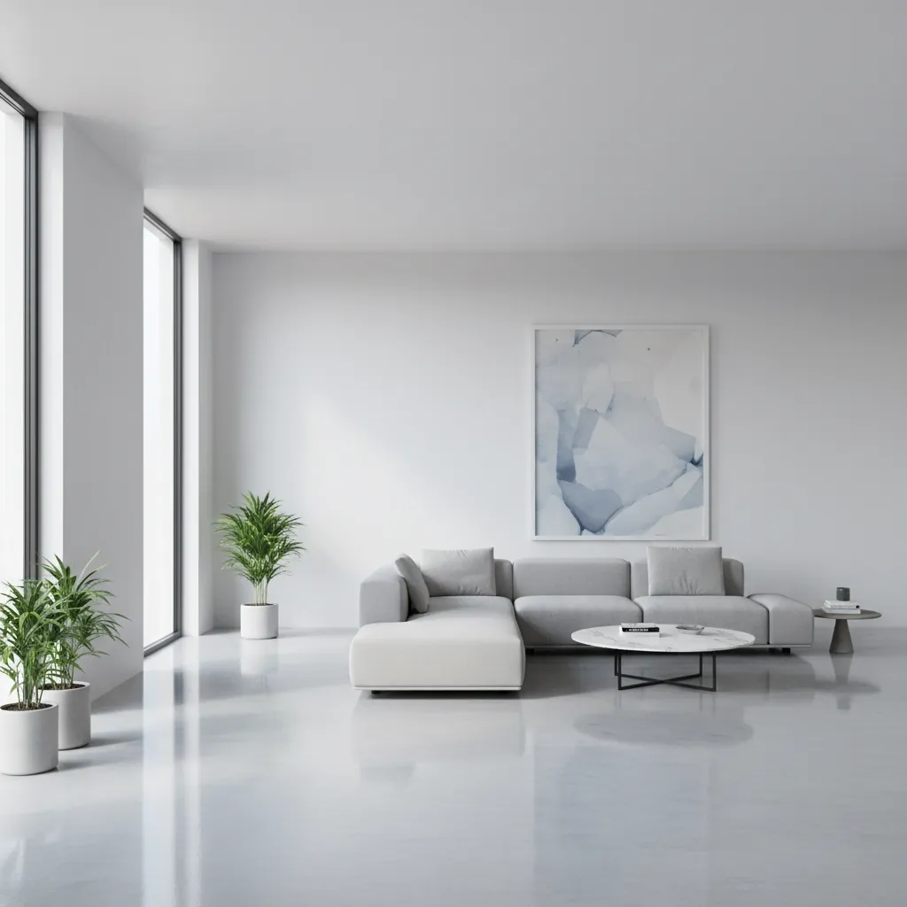 Seamless glossy epoxy floor surface in a modern room