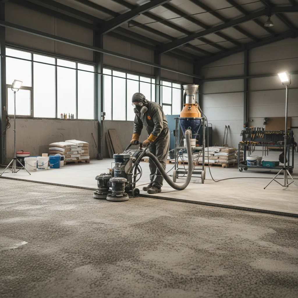 Contractor grinding concrete floor before epoxy installation