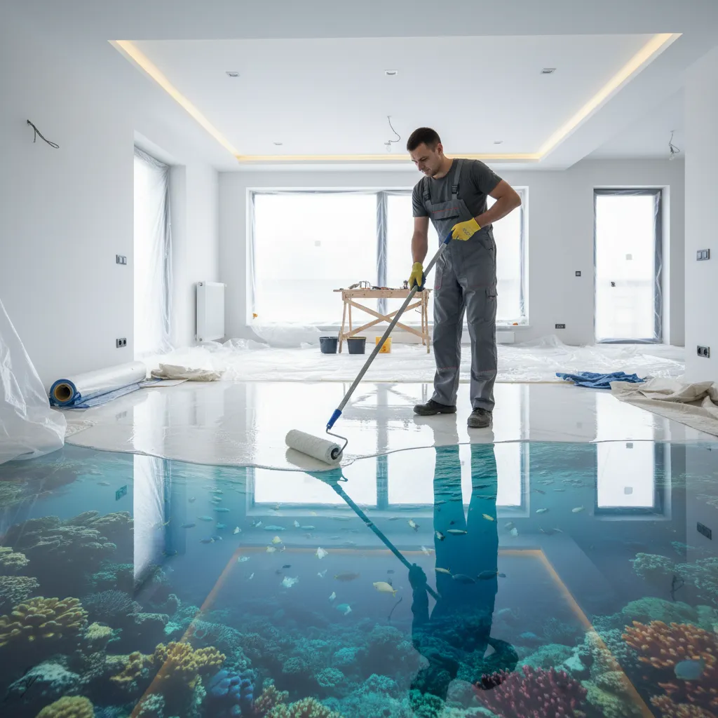 Epoxy flooring installation layers with clear resin coating process