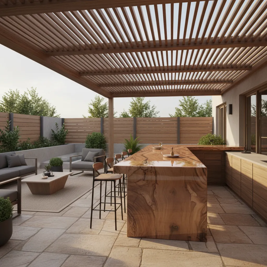 outdoor patio bar with epoxy resin coated wooden countertop