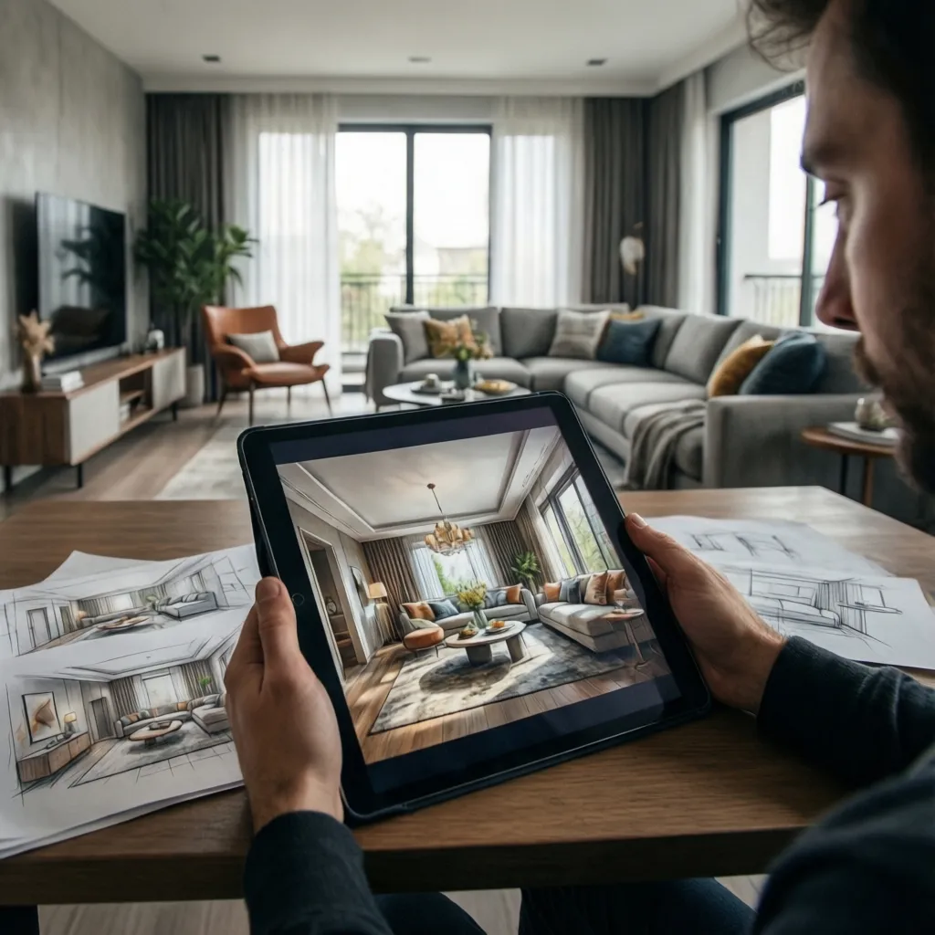 Persona leyendo un manual de diseño de interiores en una tablet