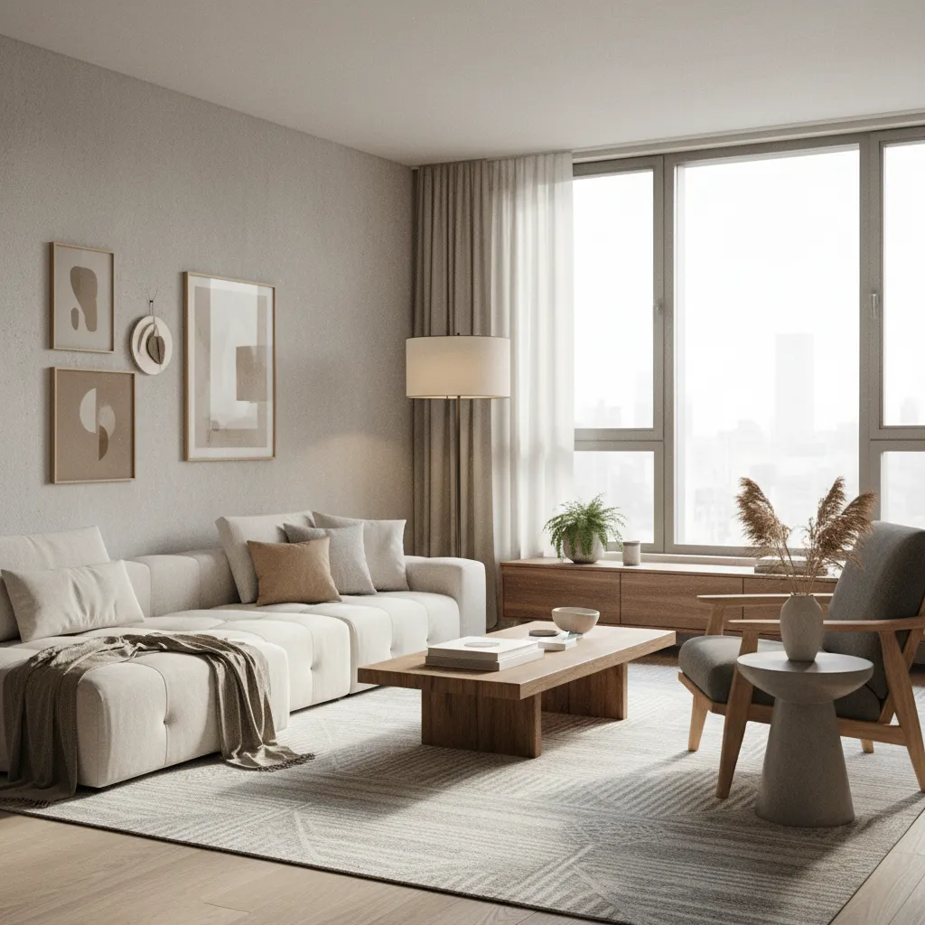 Modern living room with white sofa wooden coffee table grey armchair large window and decorations