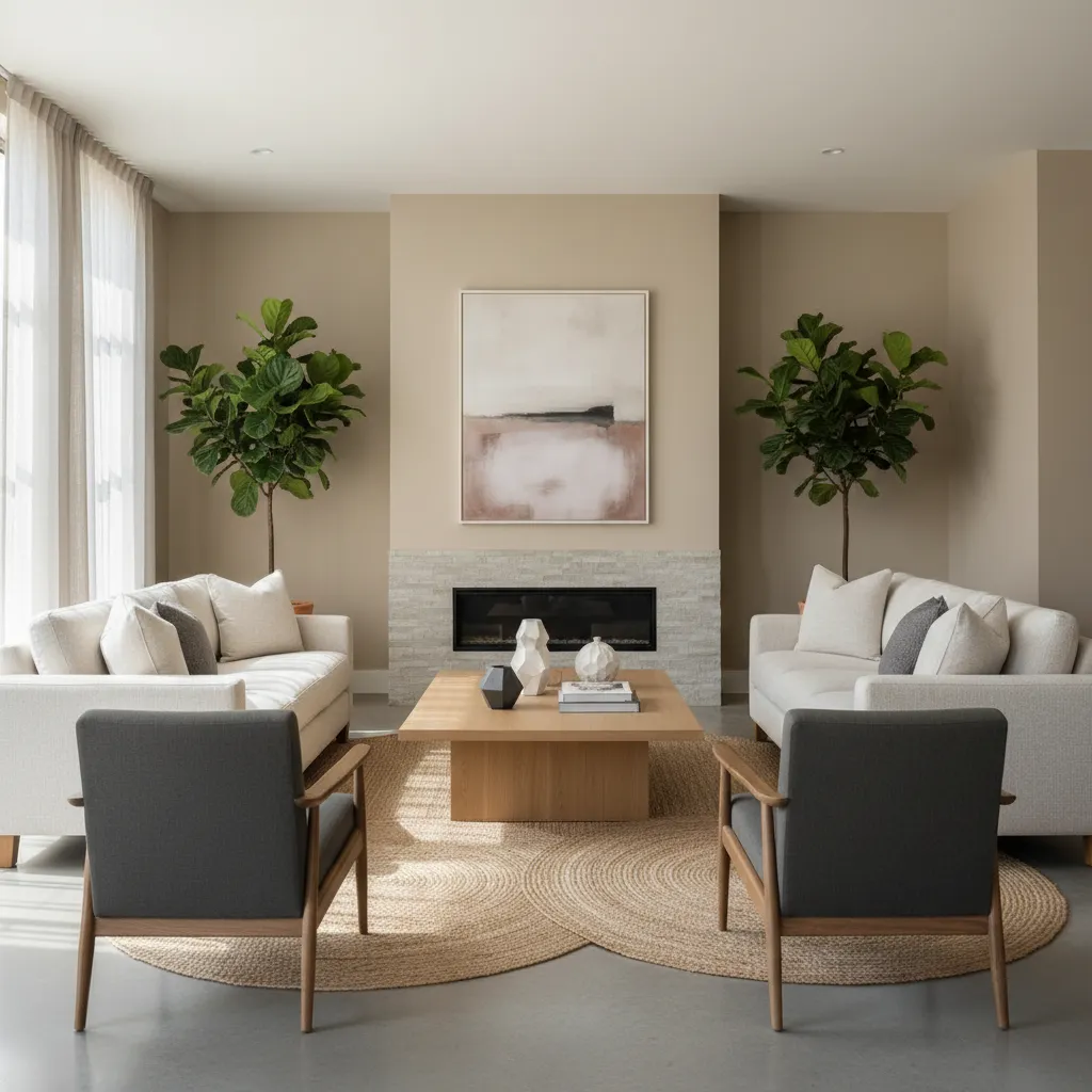 Salón con composición equilibrada y distribución simétrica del mobiliario