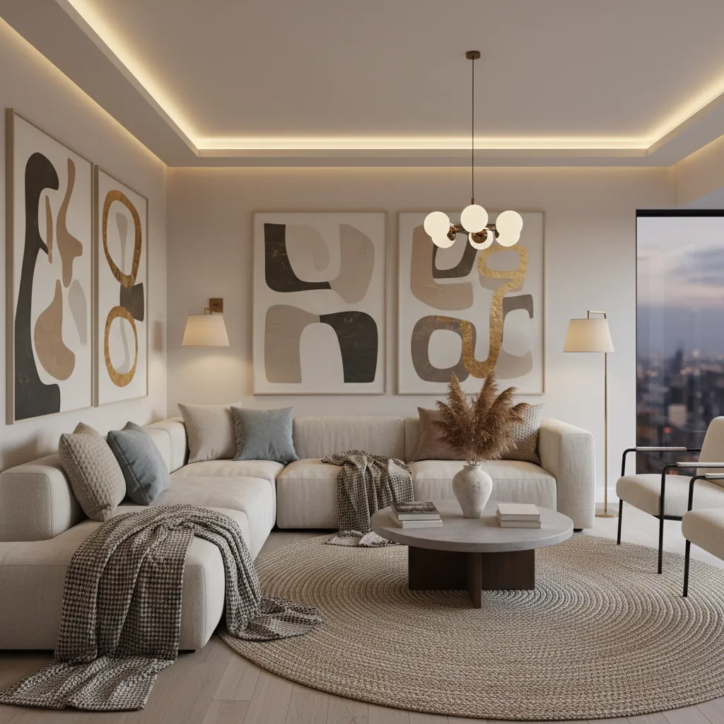 Cozy living room with cream sofa round rug abstract wall art and warm ceiling light