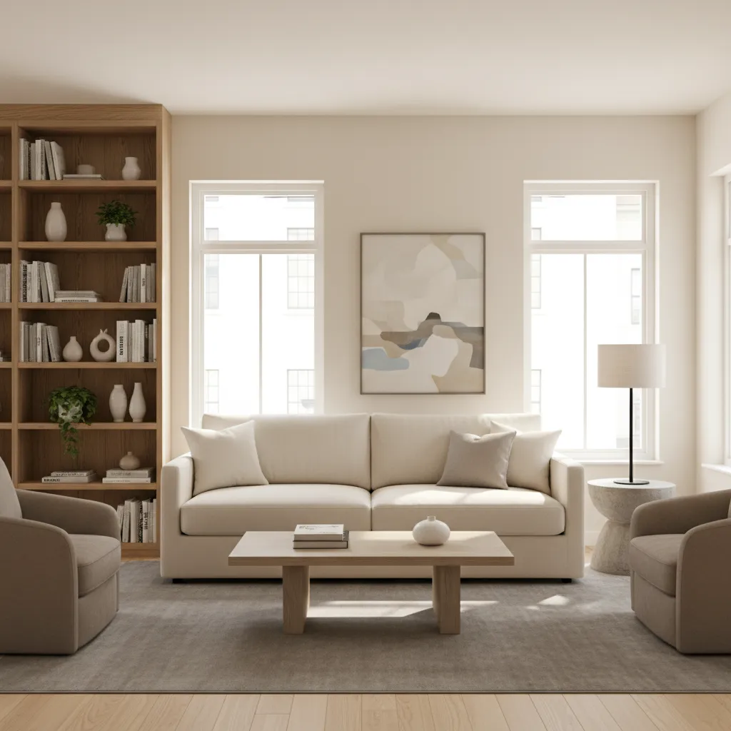 Salón equilibrado con sofá central, lámpara lateral y estantería