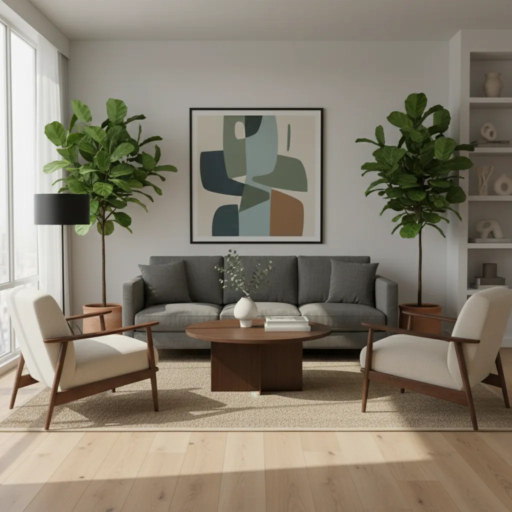 Sala de estar con equilibrio visual entre muebles y decoración