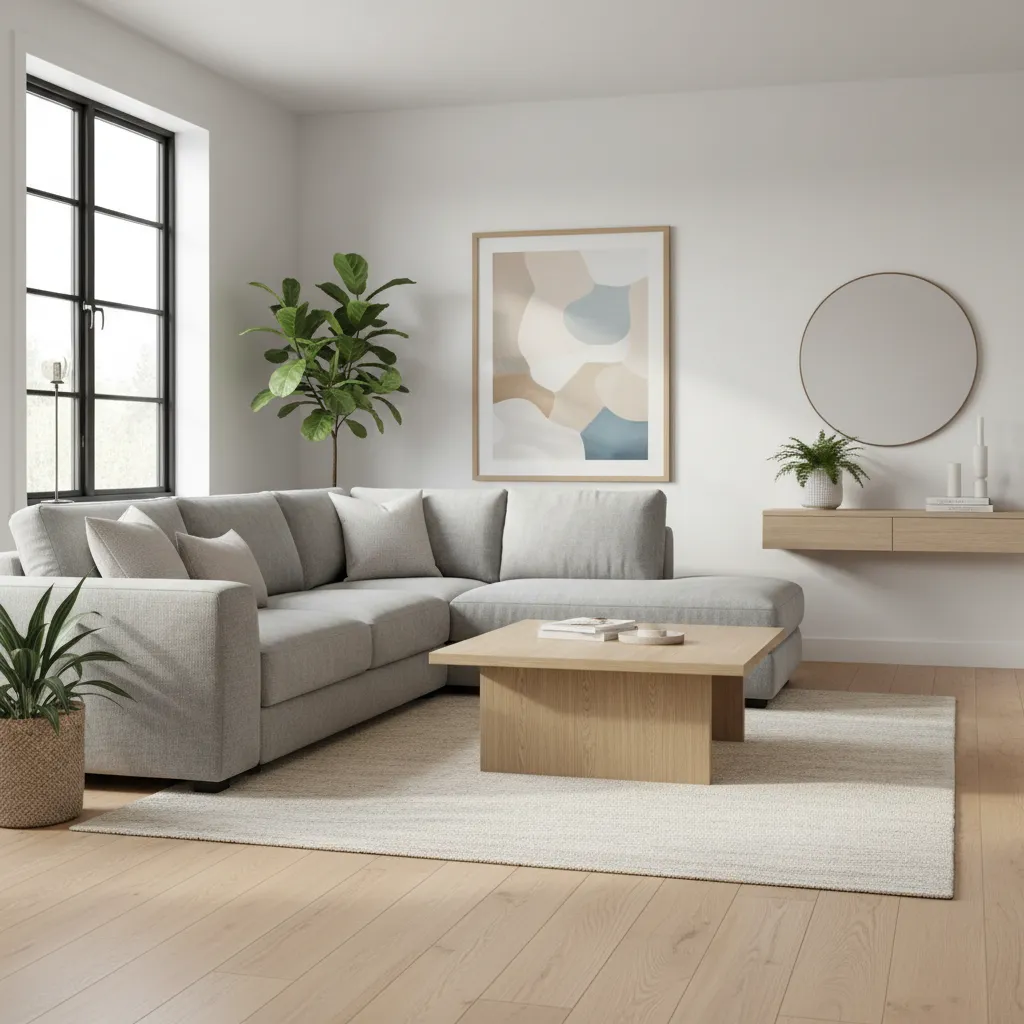 Minimalist living room with grey sofa, wooden coffee table, rug, wall art, mirror, and plants