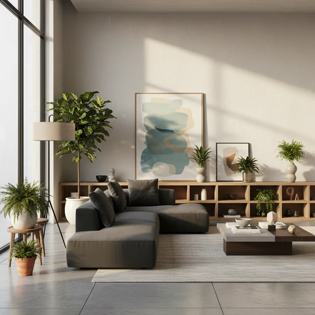 Salón contemporáneo con muebles distribuidos de forma asimétrica