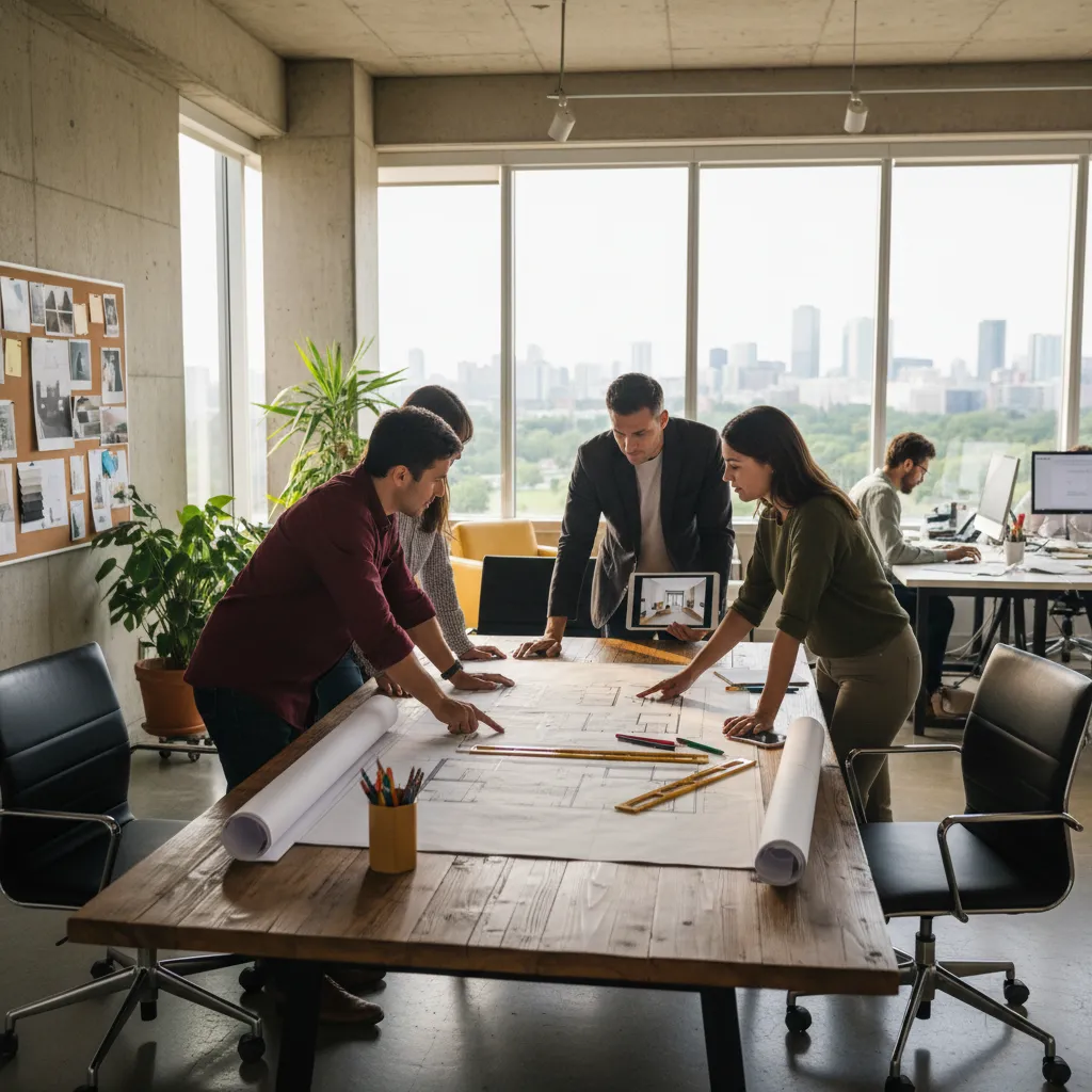 Equipo de diseño revisando planos de interiorismo en una mesa