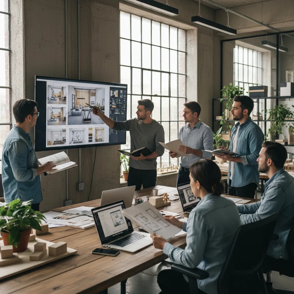 Equipo de diseñadores revisando un proyecto de interiorismo en pantalla