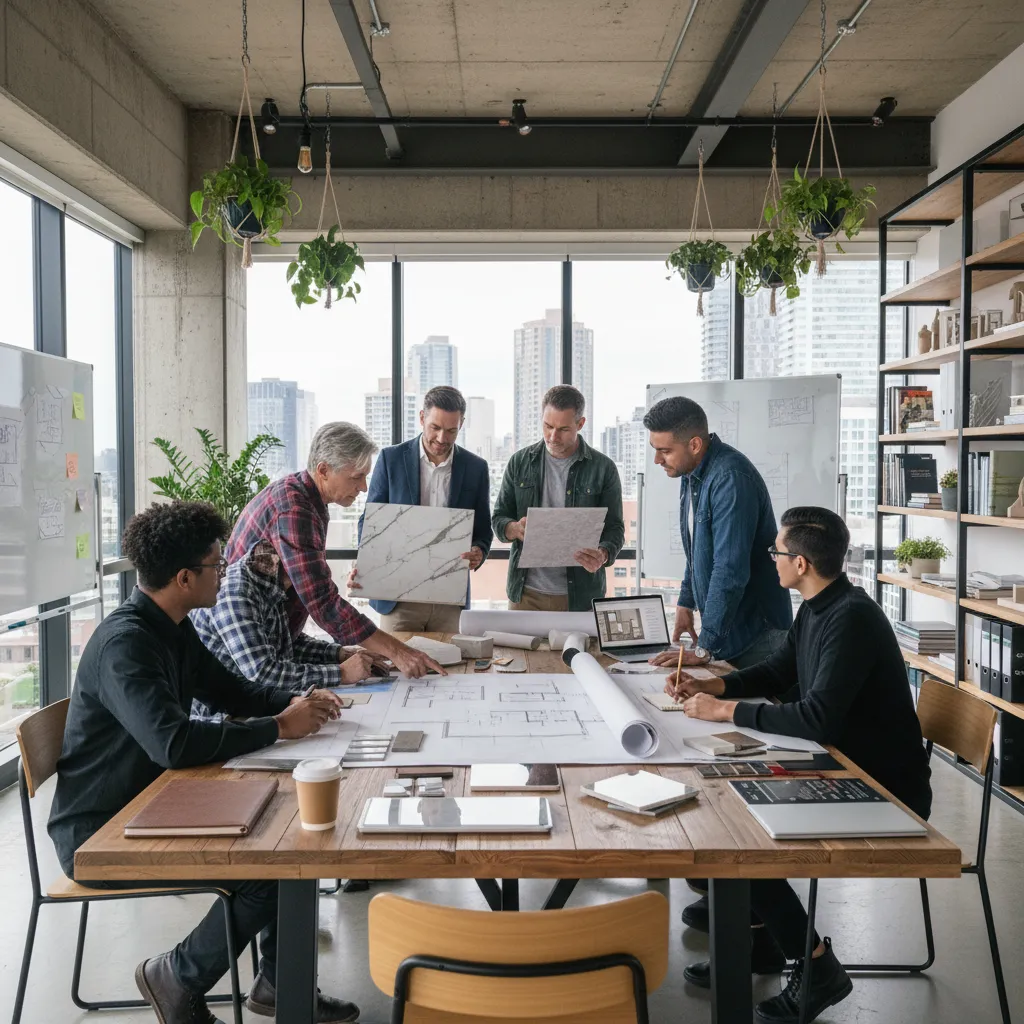 Equipo de diseñadores revisando planos y materiales en estudio