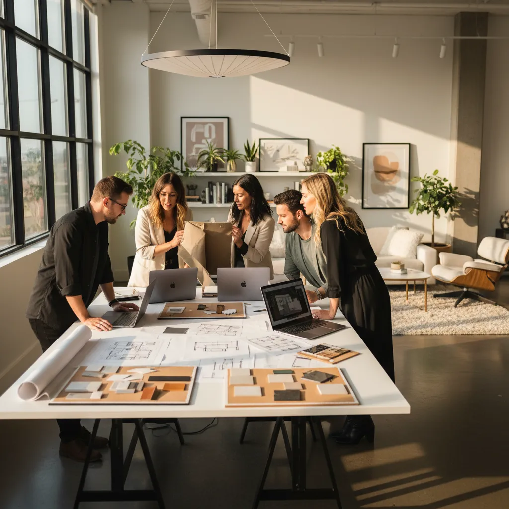 Equipo de diseñadores de interiores trabajando en un estudio