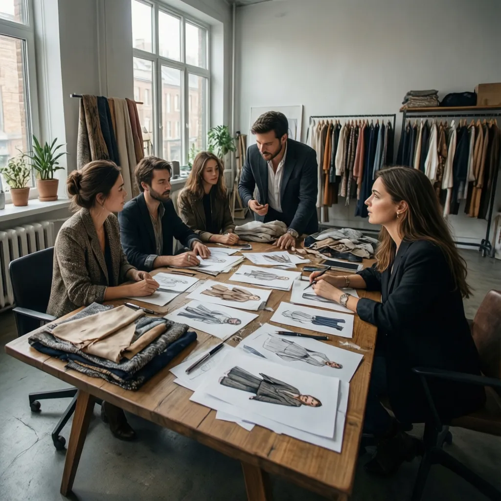 Equipo creativo discutiendo diseños en estudio de moda