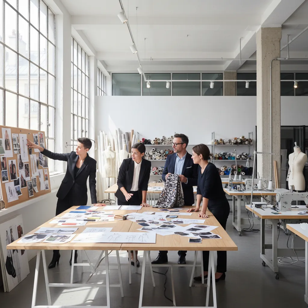 Equipo creativo trabajando en un estudio de diseño de moda