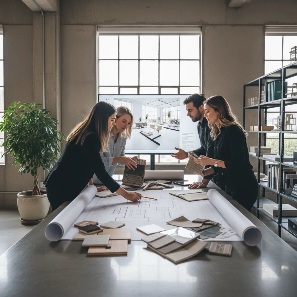 Four interior designers discussing room layout floor plans and material samples in a bright studio