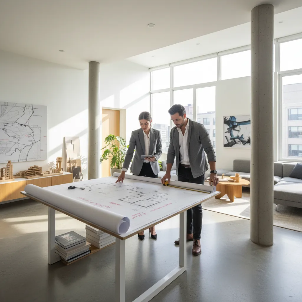 Diseñadores de interiores analizando planos dentro de una vivienda