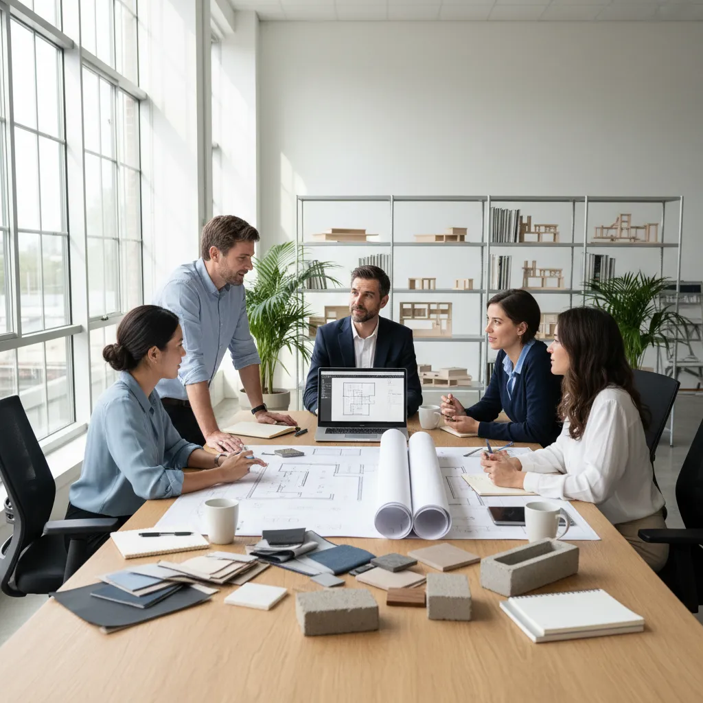 Equipo de diseñadores de interiores revisando un proyecto en una mesa de trabajo