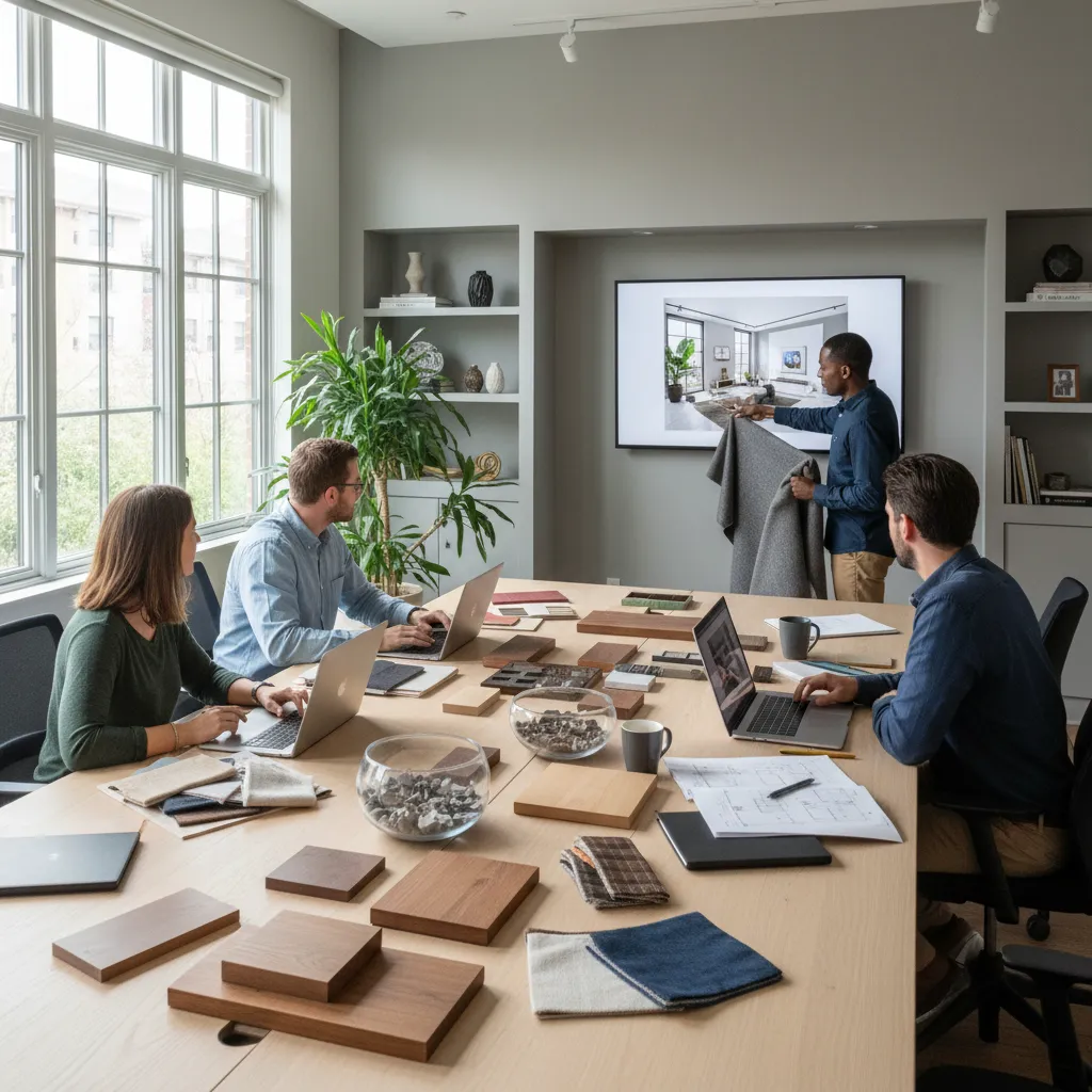 Interior design team meeting around large table with wood samples and an interior design drawing