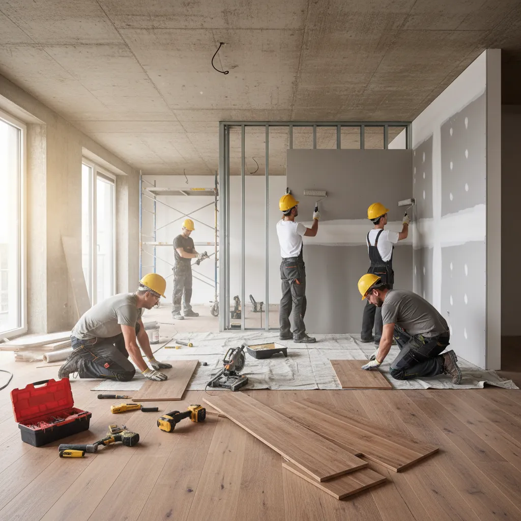 Equipo de profesionales trabajando en una reforma interior de vivienda