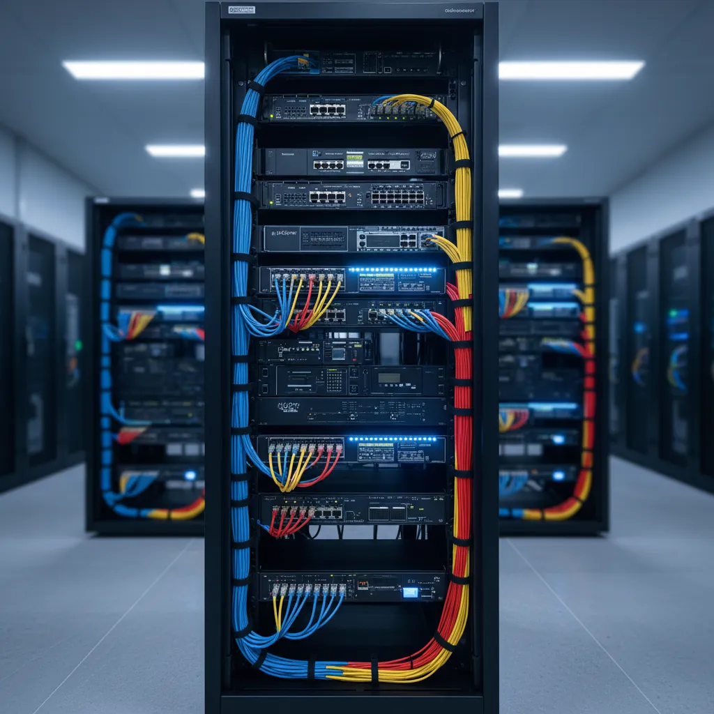 Rack de servidores con switches, router y cableado estructurado