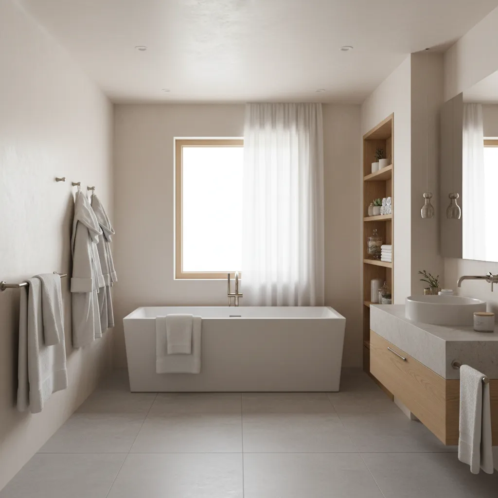 Distribución correcta de accesorios de baño alrededor del lavabo y la ducha