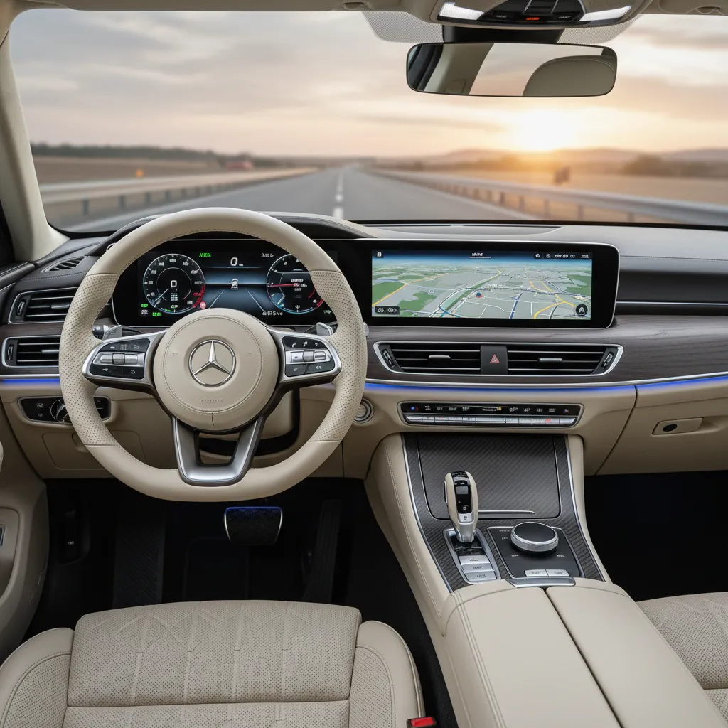 Beige car interior with leather seats steering wheel digital dashboard showing navigation and sunset road