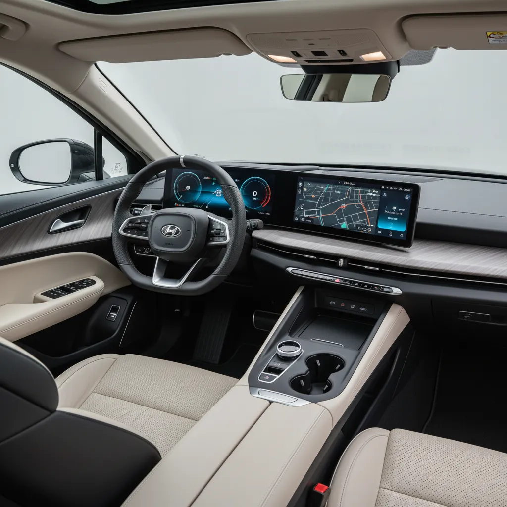 Modern car interior design showing steering wheel digital dashboard navigation screen and tan leather seats