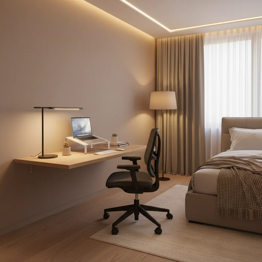 Compact ergonomic desk setup in a modern bedroom office