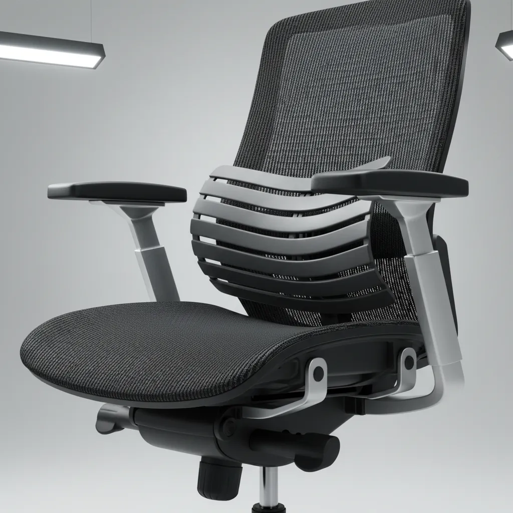 close view of ergonomic office chair lumbar support and armrest adjustments