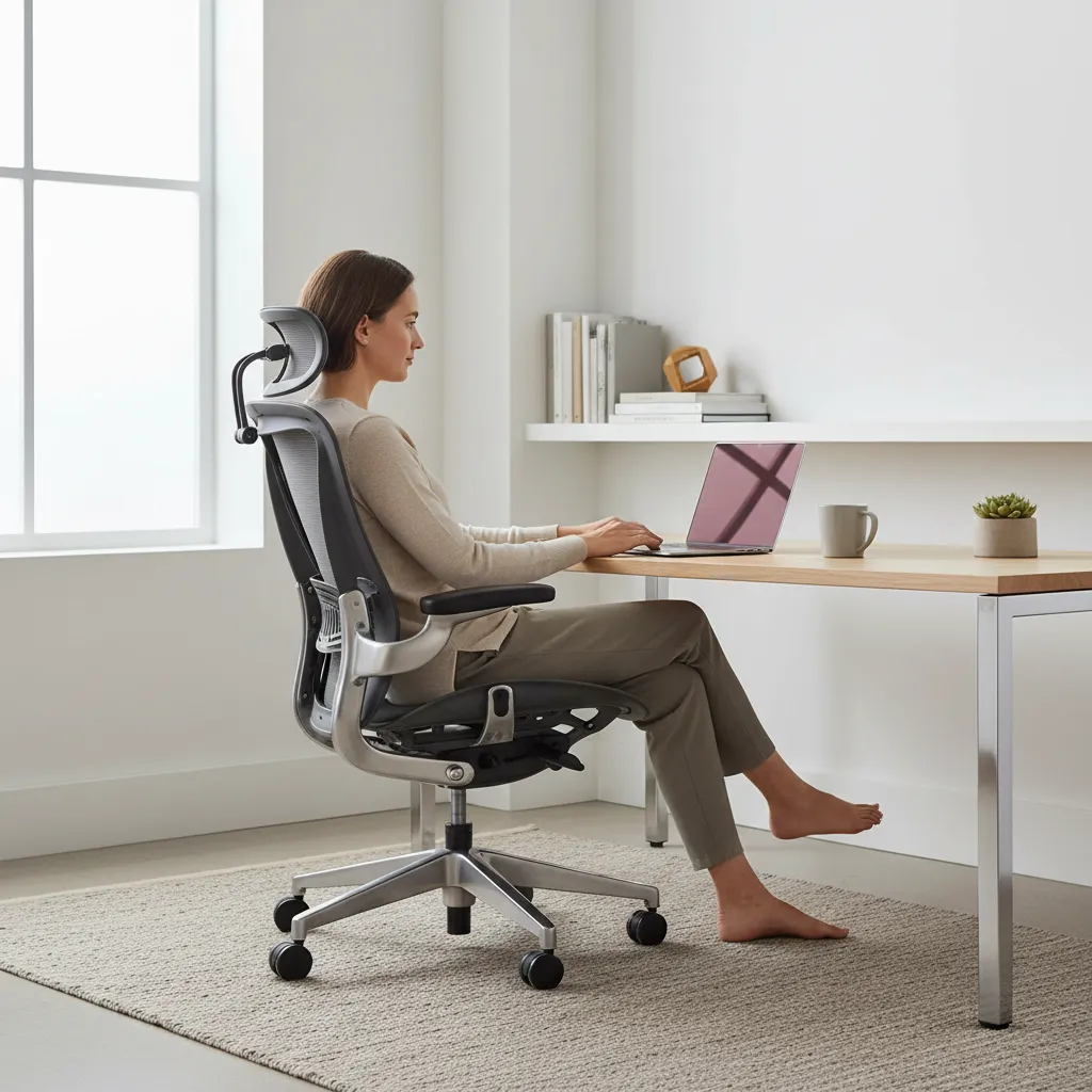 Ergonomic office chair reclined slightly to reduce spinal pressure